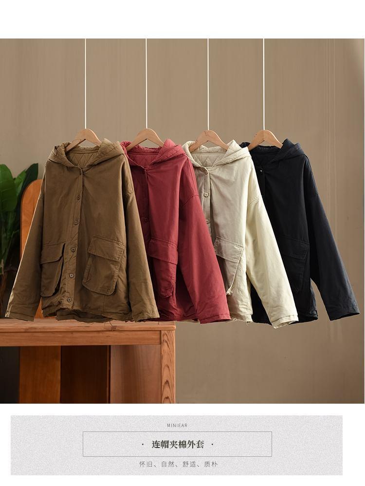 Plain Hooded Button-Up Jacket Product Image