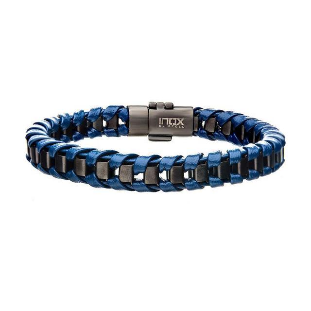 Mens Stainless Steel & Leather Bracelet Blue Product Image