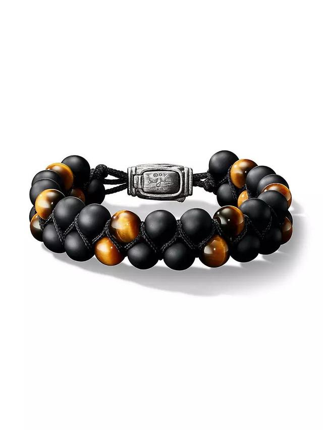 Spiritual Beads Two Row Woven Bracelet in Black Onyx, Tiger's Eye, Black Nylon and Sterling Silver, 8MM Product Image