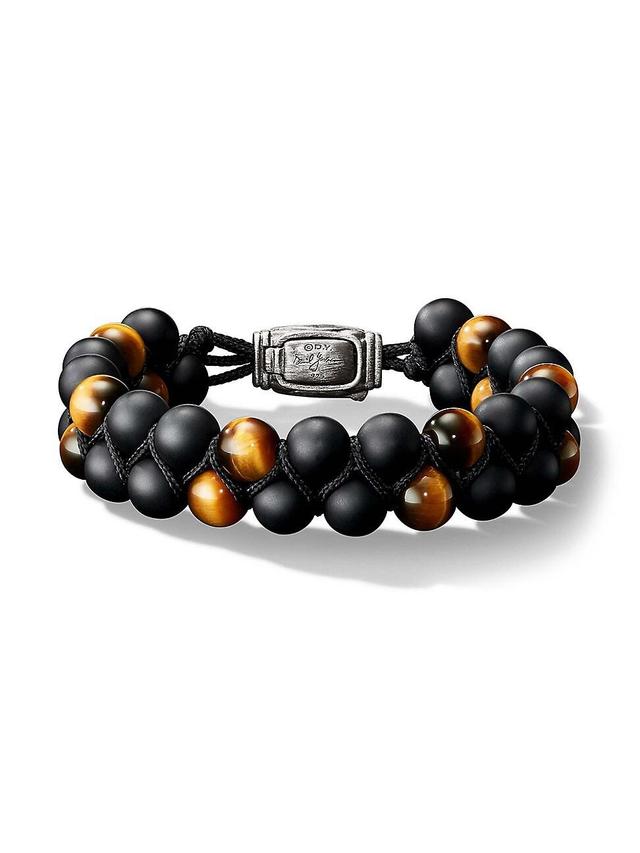 Mens Spiritual Beads Two Row Woven Bracelet in Black Onyx, Tigers Eye, Black Nylon and Sterling Silver, 8MM Product Image