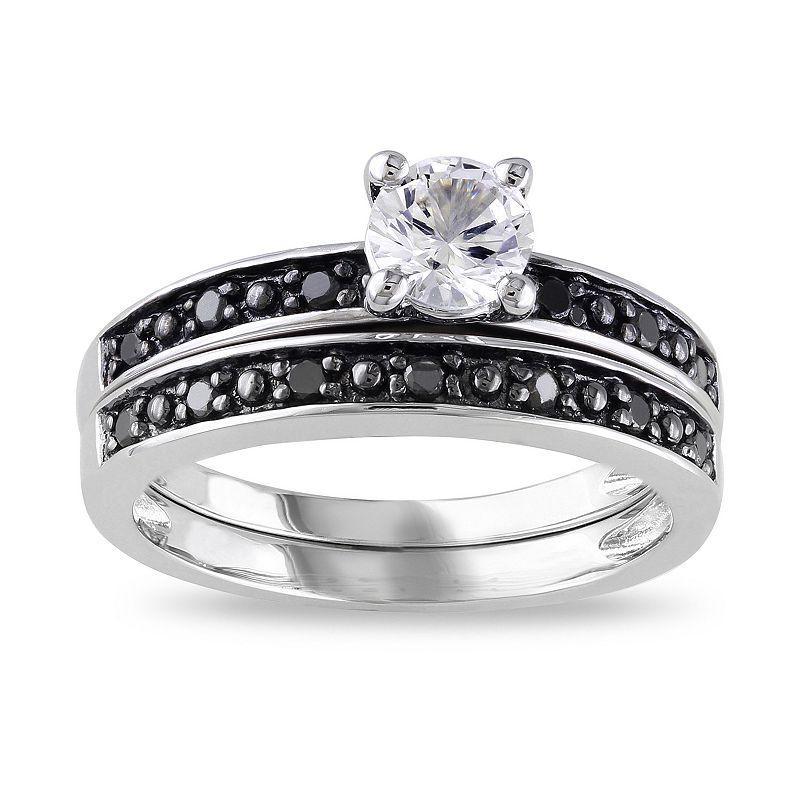 Stella Grace Sterling Silver Lab-Created White Sapphire & 1/10 Carat T.W. Black Diamond Engagement Ring Set, Womens Product Image