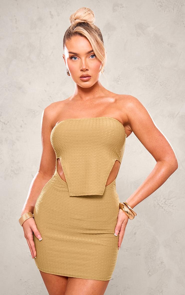 Olive Textured Bandeau Stirrup Hem Bodycon Dress Product Image