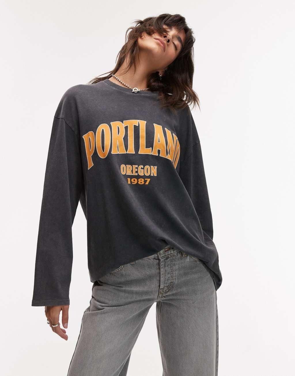 Topshop graphic Portland long sleeve skater tee in gray Product Image