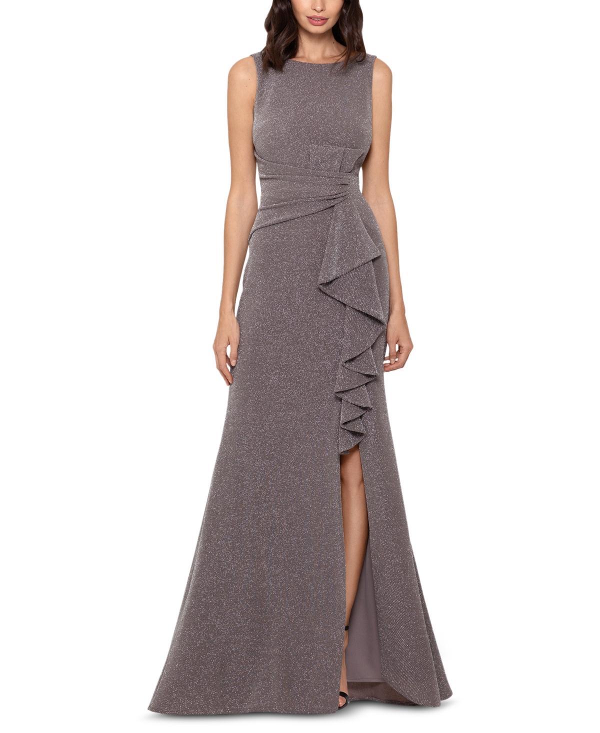 Betsy & Adam Women's Sleeveless Cascade-Front Glitter Gown - Taupe/Silver Product Image