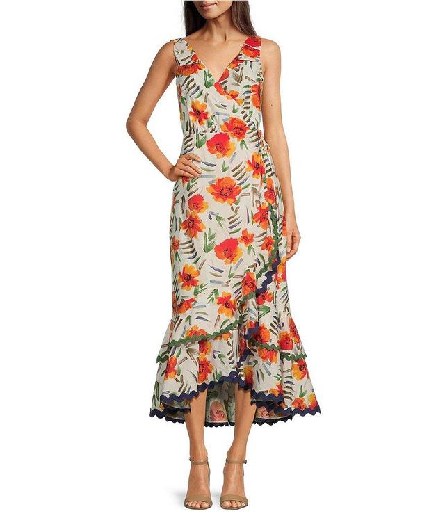 Adelyn Rae Floral Print V-Neck Sleeveless Bow Shoulder Wrap Midi Dress Product Image