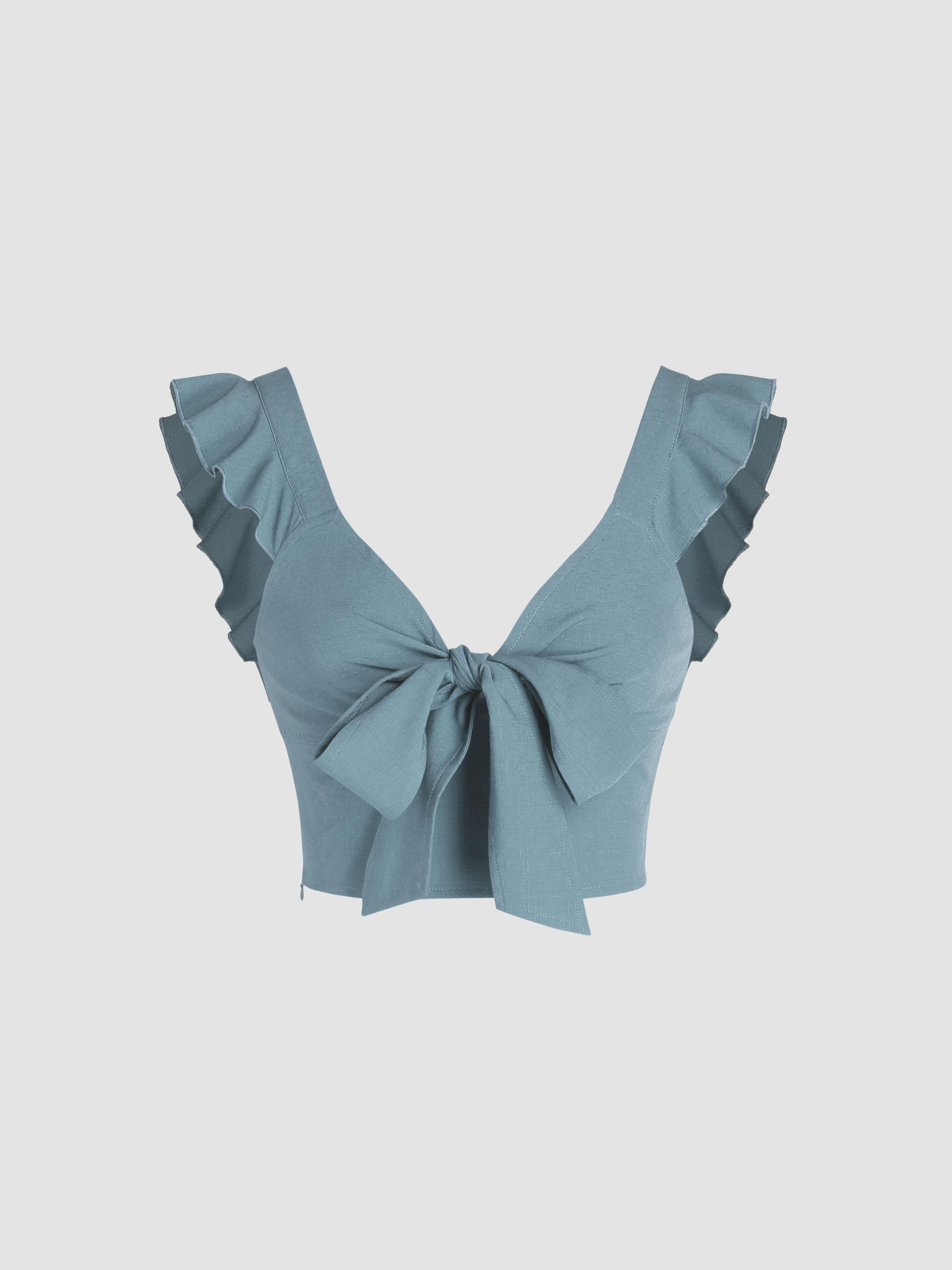 Solid V-neck Ruffle Knotted Crop Top Product Image