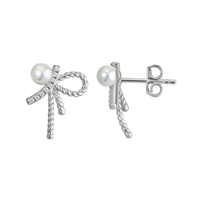 Sterling Silver Cubic Zirconia & Simulated Pearl Bow Stud Earrings, Womens Product Image