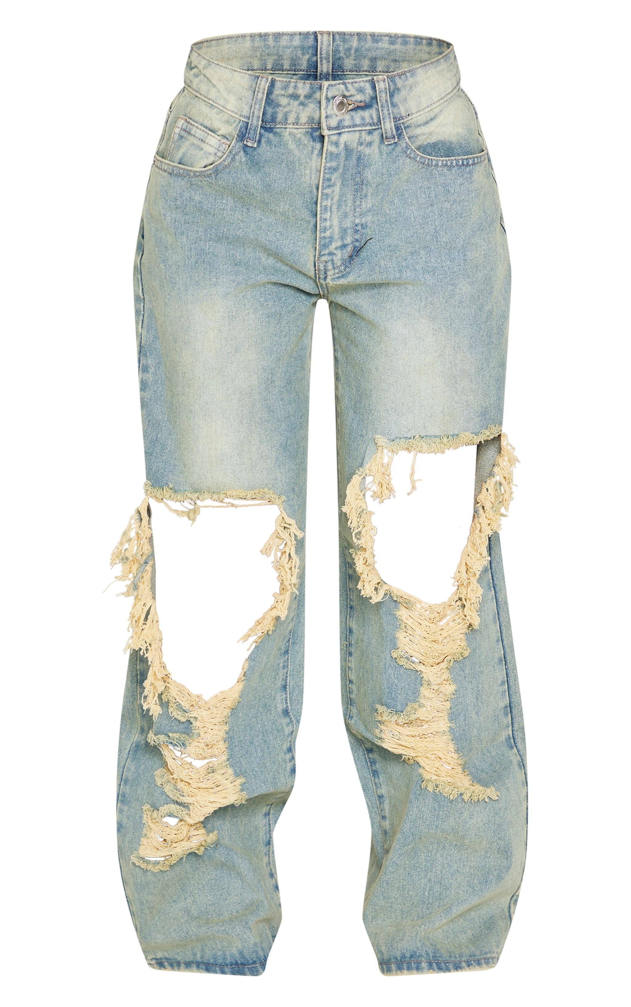 Petite Indigo Vintage Wash Extreme Rip Front Straight Leg Jeans Product Image