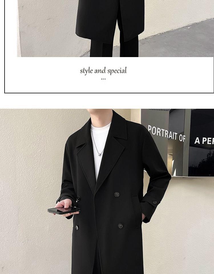 Notch Lapel Plain Double-Breasted Long Trench Coat Product Image