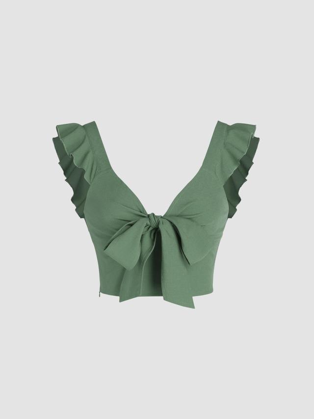 Solid V-neck Ruffle Knotted Crop Top Product Image