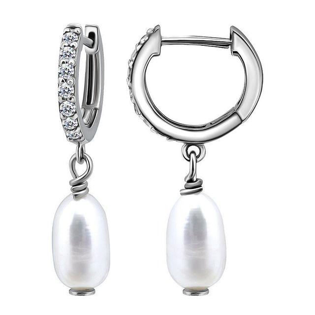 Aleure Precioso Sterling Silver Freshwater Cultured Pearl Drop & Pave Cubic Zirconia Huggie Hoop Earrings, Womens, Silver Tone Product Image