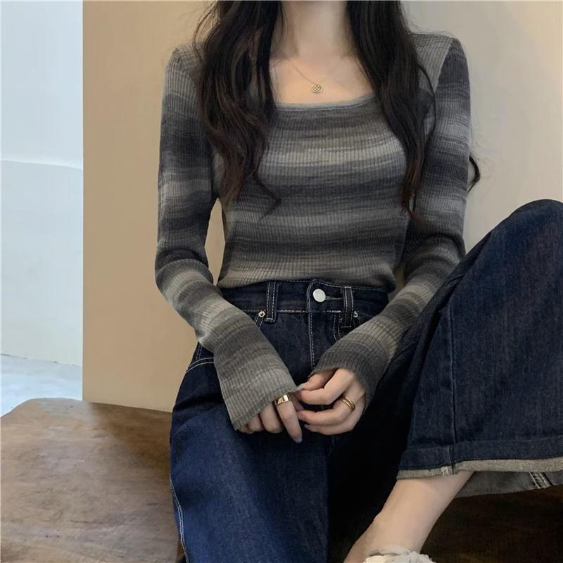 Long-Sleeve Square Neck Color Block Ribbed Knit Top Product Image