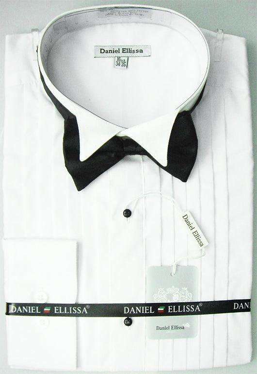 White Regular Fit Half-Inch Pleated Tuxedo Shirt with Bow Tie Product Image