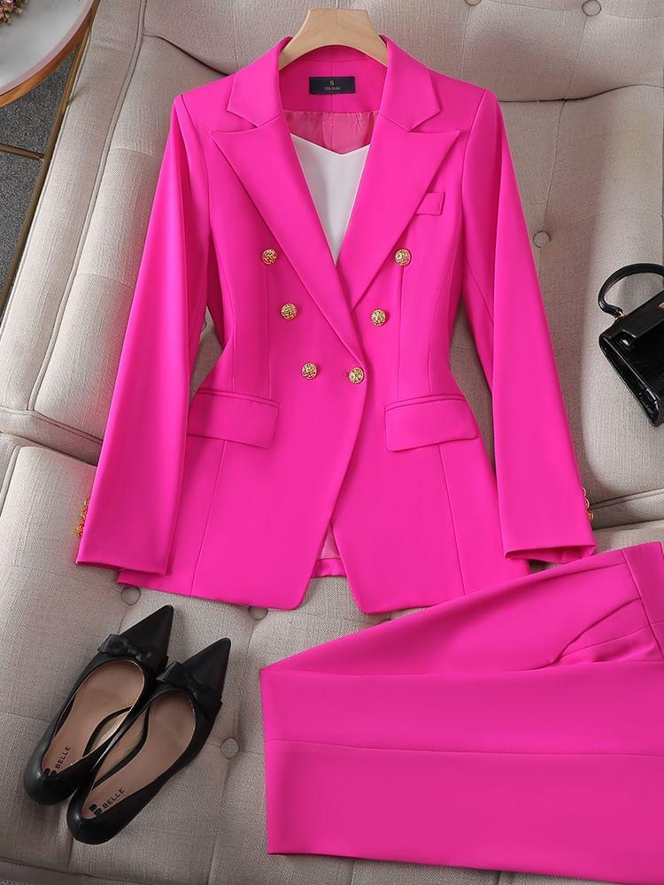 Plain Double-Breasted Blazer / High Waist Dress Pants / Set Product Image