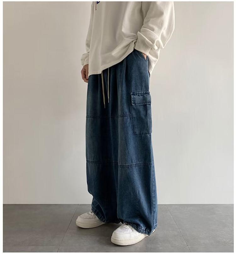 Drawstring Waist Washed Wide Leg Cargo Jeans Product Image