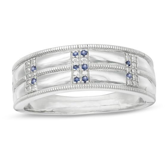 Men's Lab-Created Blue Sapphire Double Row Milgrain Ring in Sterling Silver Product Image