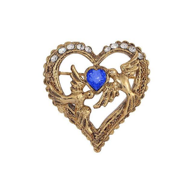 1928 Gold Tone Crystal Love Birds Heart Pin, Womens, Blue Product Image