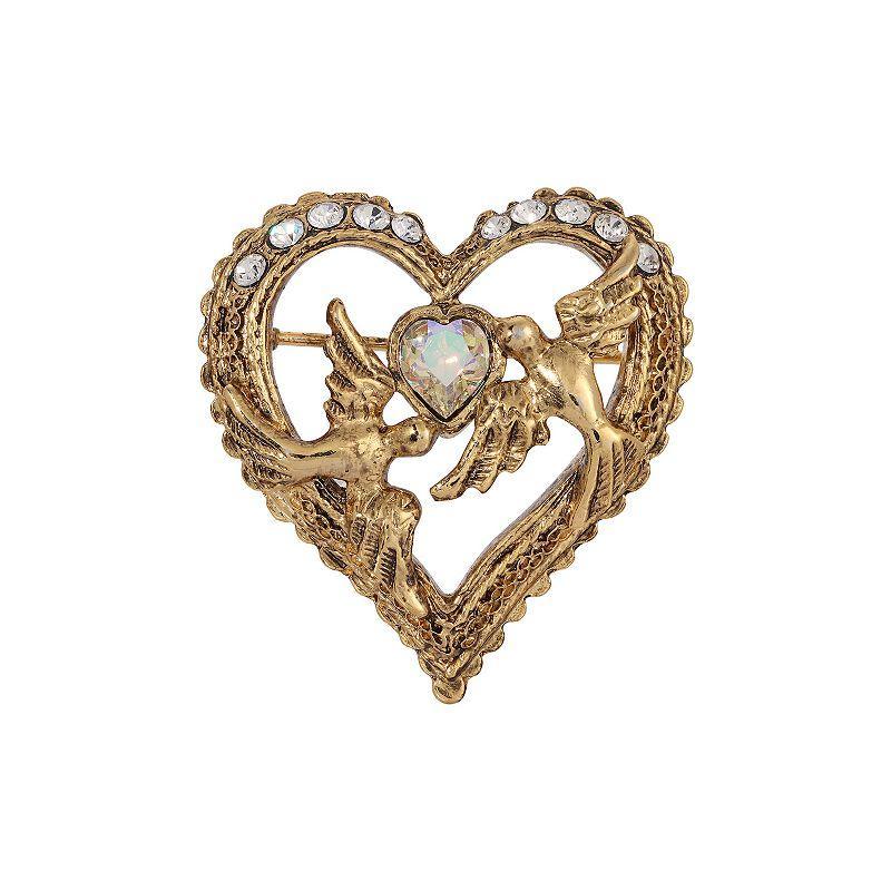 1928 Gold Tone Crystal Love Birds Heart Pin, Womens, White Product Image