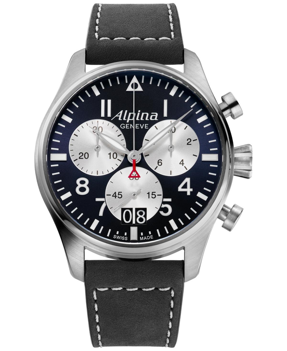 Alpina Mens Swiss Chronograph Startimer Pilot Black Leather Strap Watch 44mm - Black Product Image