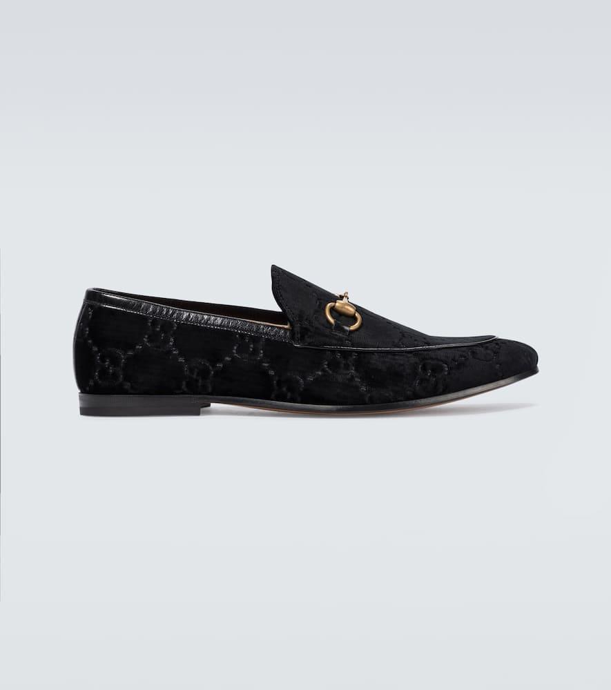 GUCCI New Jordaan Horsebit Leather-trimmed Logo-embroidered Velvet Loafers In Black Product Image