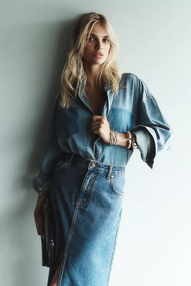 MABLE Long-Sleeve Burnout Pocket Denim Buttondown Shirt Product Image