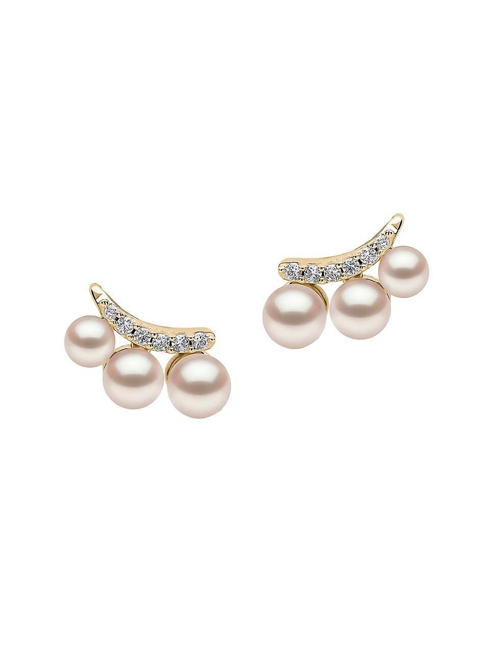 Womens Sleek 18K Yellow Gold, Akoya Pearl & 0.118 TCW Diamond Stud Earrings Product Image