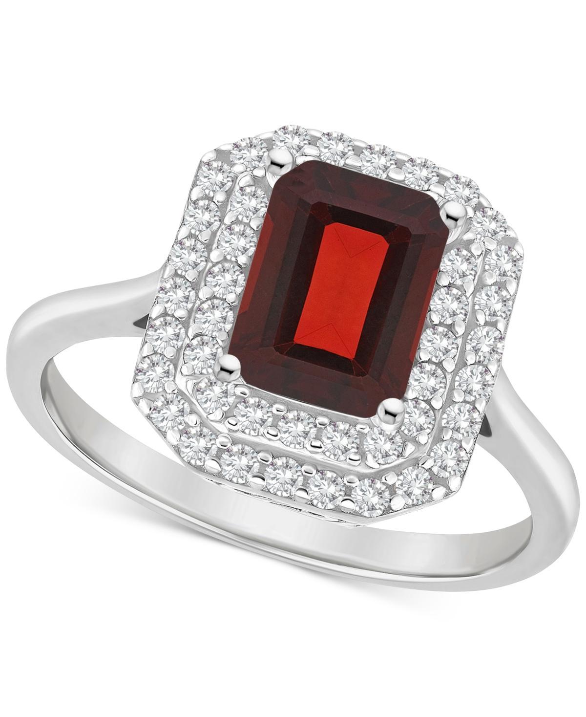 Celebration Gems Sterling Silver Emerald-Cut Garnet & White Topaz Double Halo Ring, Womens Product Image