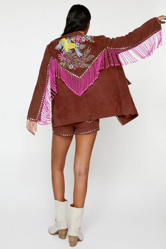 Real Suede Embroidered Back Fringe Jacket Product Image