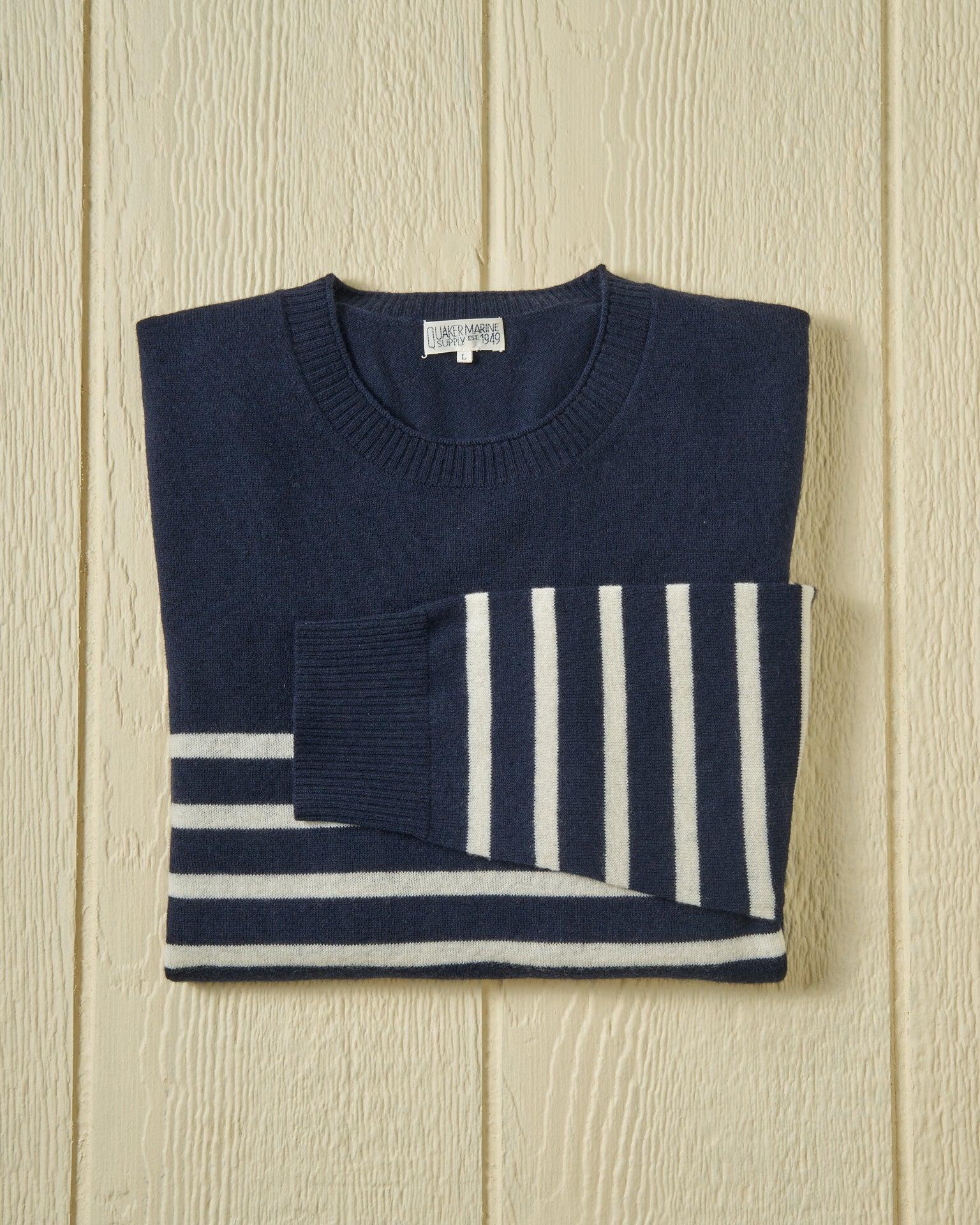 Merino Roll Neck Sweater in Navy/Egret Placed Stripe Product Image