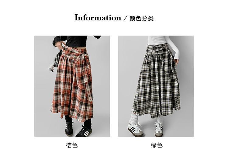 High Waist Plaid Sashed Midi A-Line Skirt product image