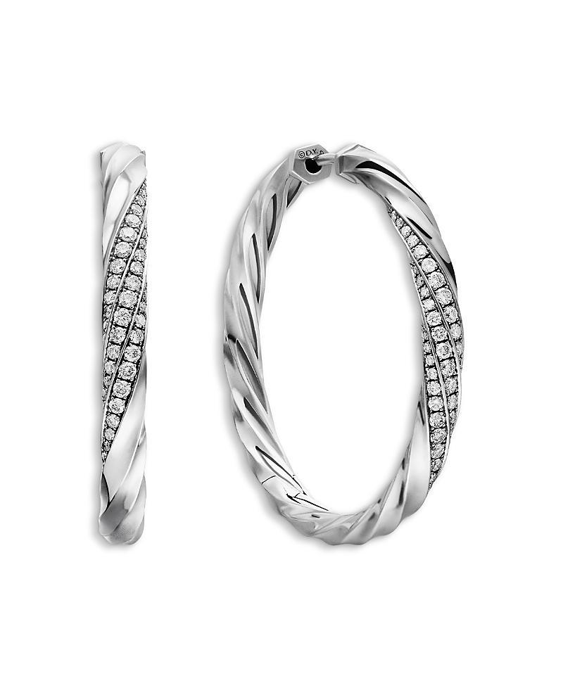 Womens Cable Sterling Silver & Diamond Hoop Earrings Product Image