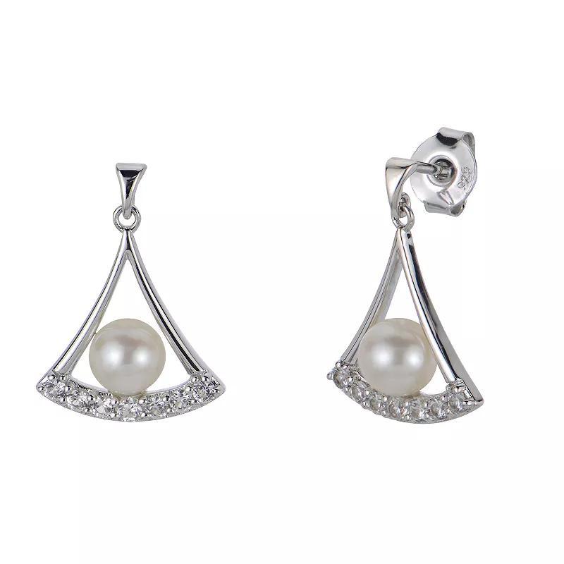 PearLustre by Imperial Sterling Silver Freshwater Cultured Pearl Lab-Created White Sapphire Fan Drop Earrings, Womens Product Image