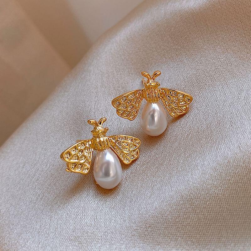 Alloy Bee Faux Pearl Earrings Product Image