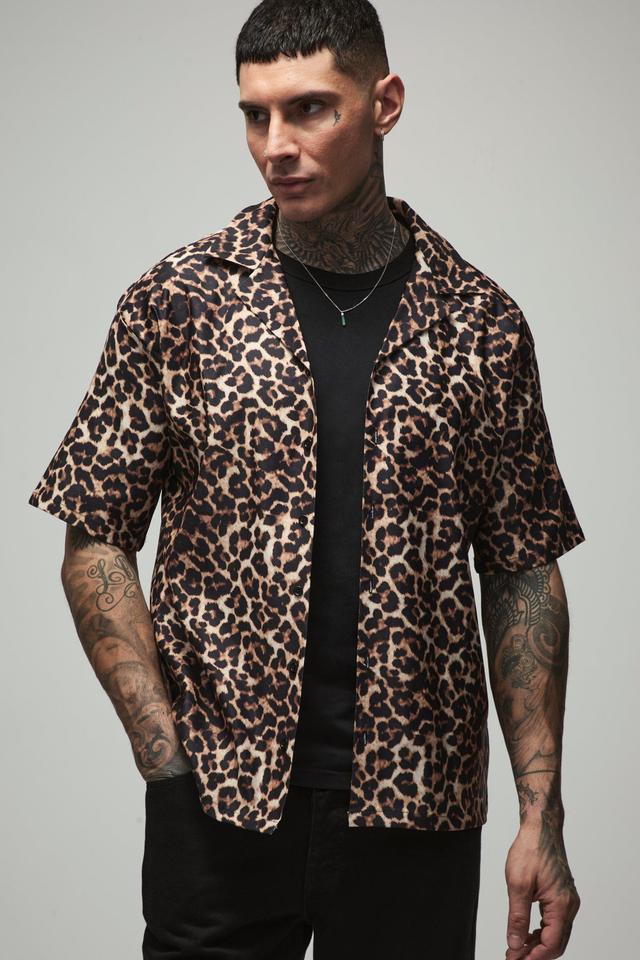 Tall Oversized Boxy Leopard Print Shirt | boohooMAN USA Product Image