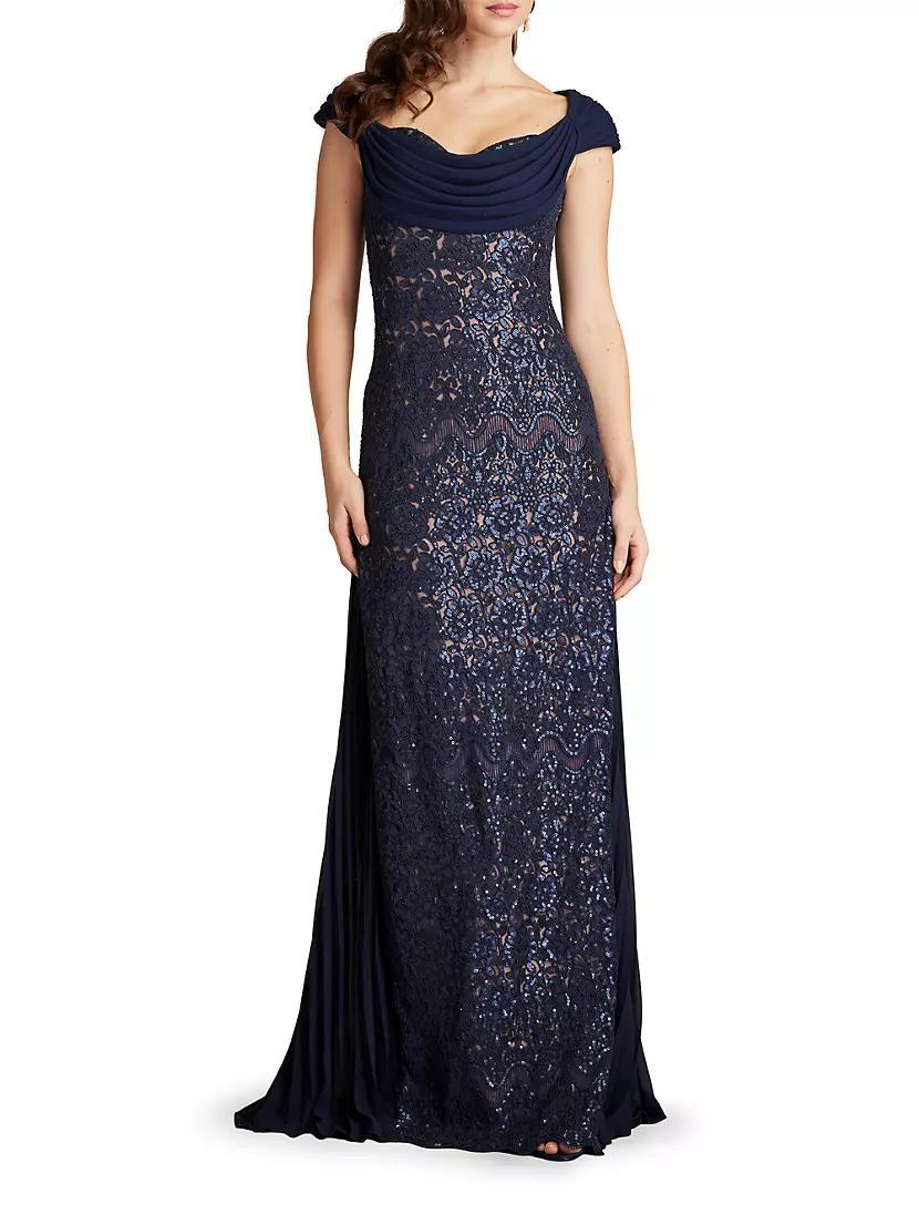 Sequined Lace Draped A-Line Gown Product Image