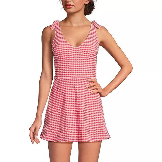 Womens Lands End V-Neck Gingham One-Piece Swim Dress Product Image