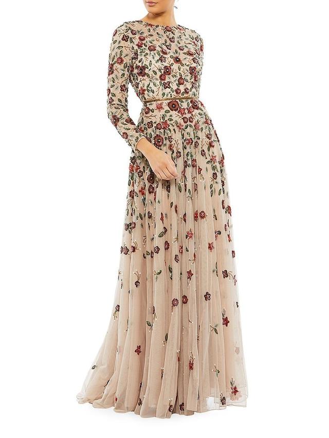 Mac Duggal Floral Sequin Long Sleeve A-Line Gown Product Image