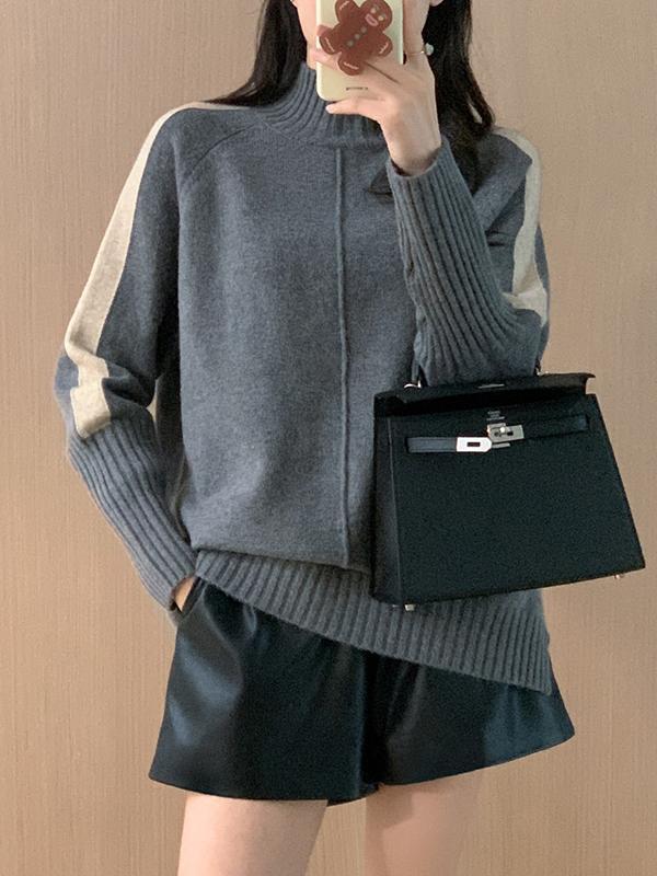 High-Low Long Sleeves Contrast Color Split-Joint Split-Side High Neck Pullovers Sweater Tops product image