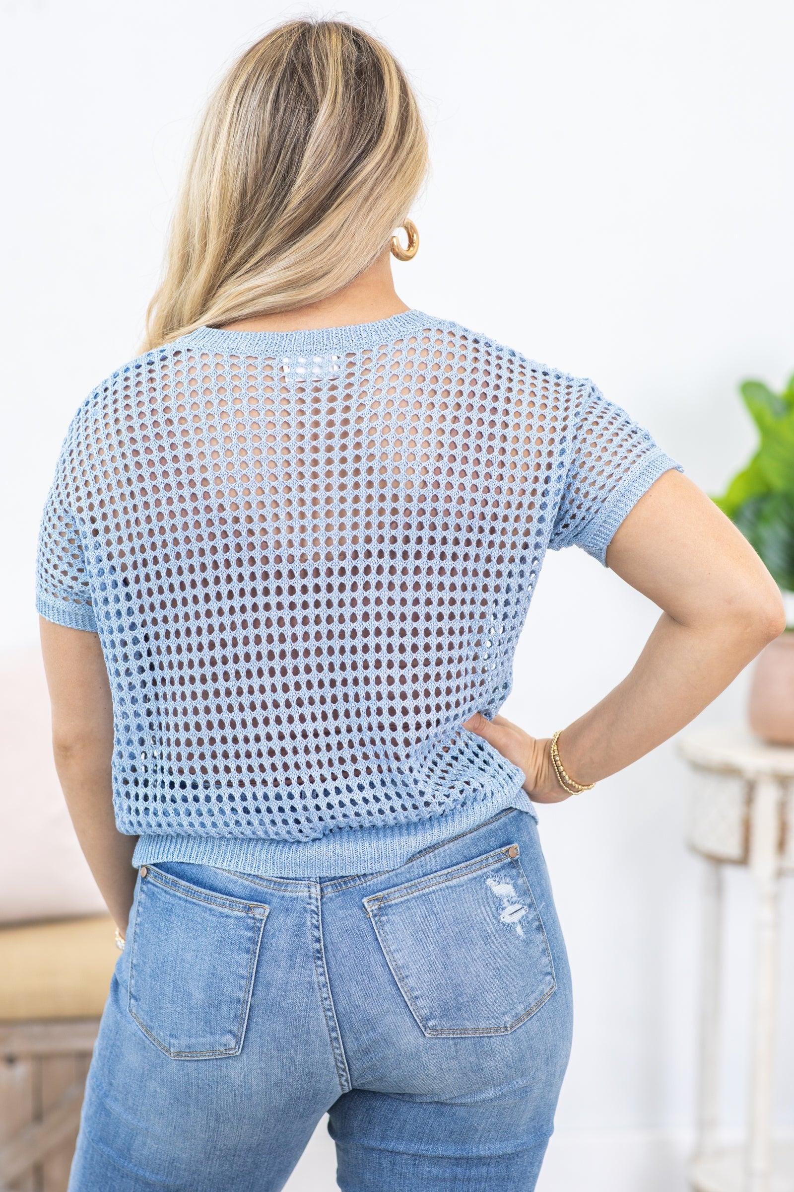 Blue Open Weave Crochet Short Sleeve Knit Top Product Image