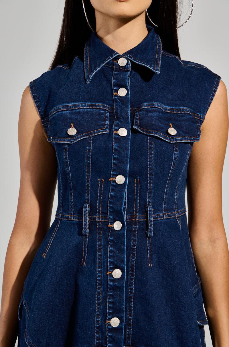 WINONA CAP SLEEVE BUTTON DOWN DENIM MIDI DRESS IN DARK BLUE Product Image