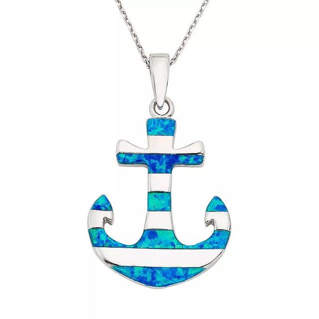 Lab-Created Blue Opal Sterling Silver Anchor Pendant Necklace, Womens Product Image