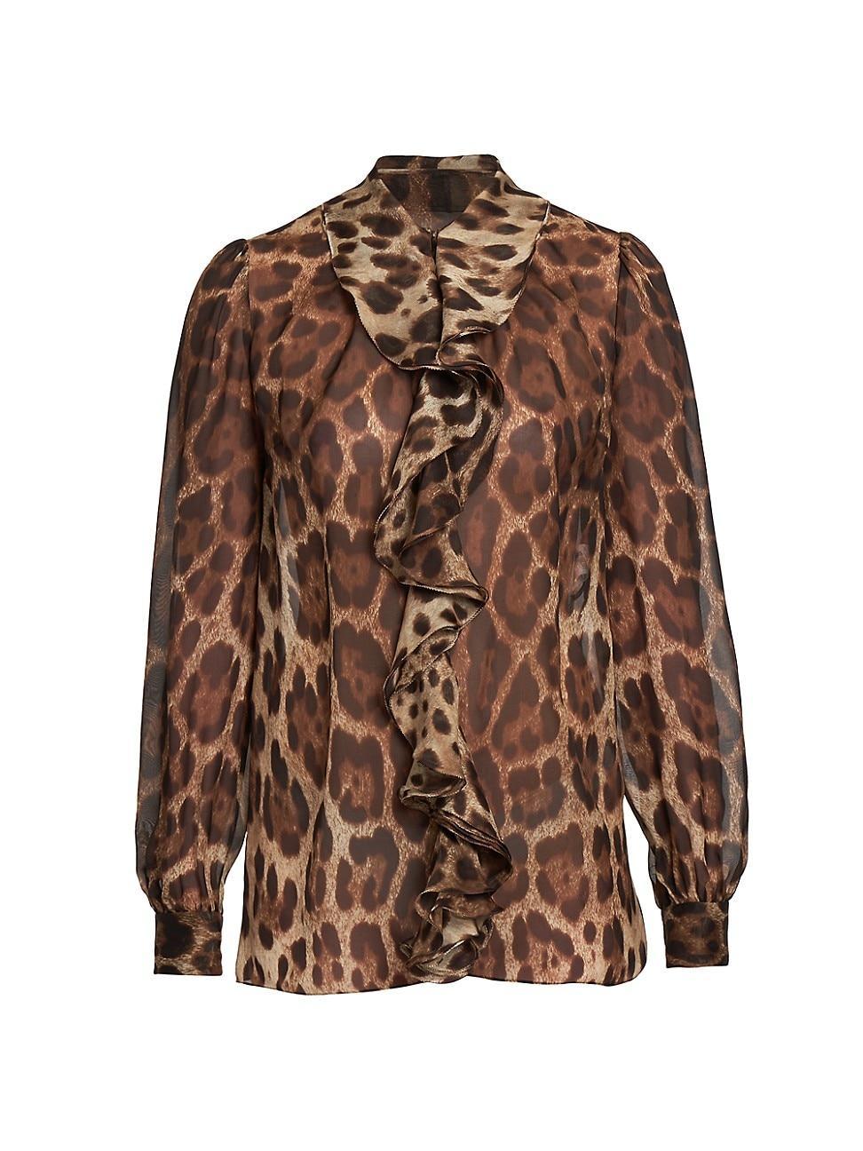 Dolce & Gabbana Leopard Print Ruffle Sheer Silk Blouse Product Image