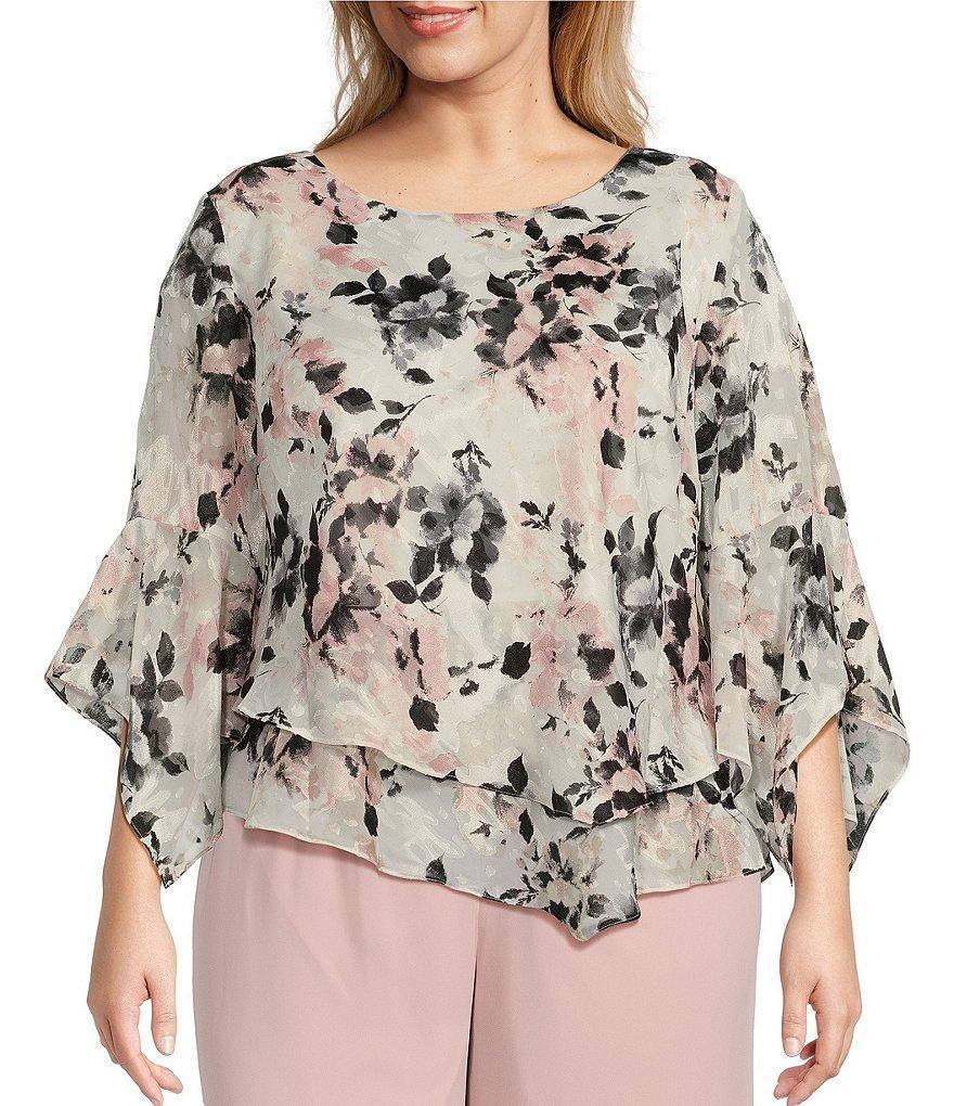 Alex Evenings Plus Size 3/4 Sleeve Scoop Neck Asymmetrical Hem Floral Print Chiffon Blouse Product Image