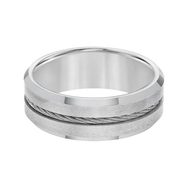 AXL Tungsten Beveled Edge with Steel Cable Inlay Mens Wedding Band Grey Product Image