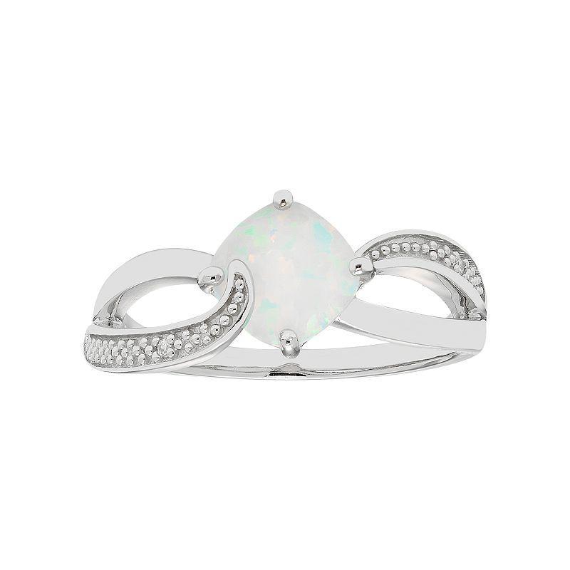 Sterling Silver Lab Created Opal & Diamond Accent Cushion Bypass Ring, Womens White Product Image