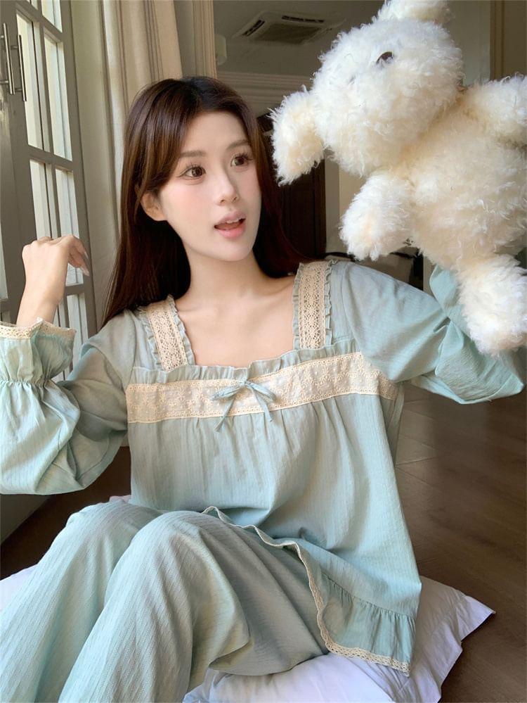 Pajama Set: Puff-Sleeve Lace Trim Ruffled Bow Shirt + Pants Product Image