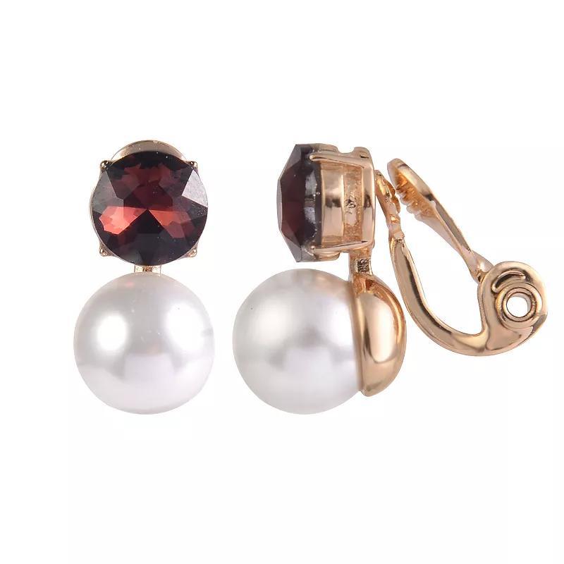 Emberly Stone and White Simulated Pearl Mini Drop Clip Earrings, Womens, Pink Product Image