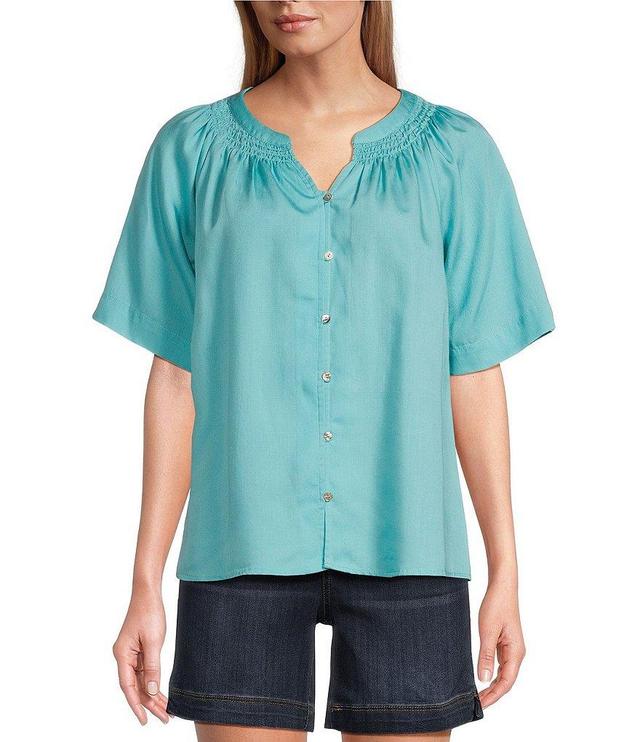 Westbound Woven Short Sleeve Y-Neck Button Front Top Product Image