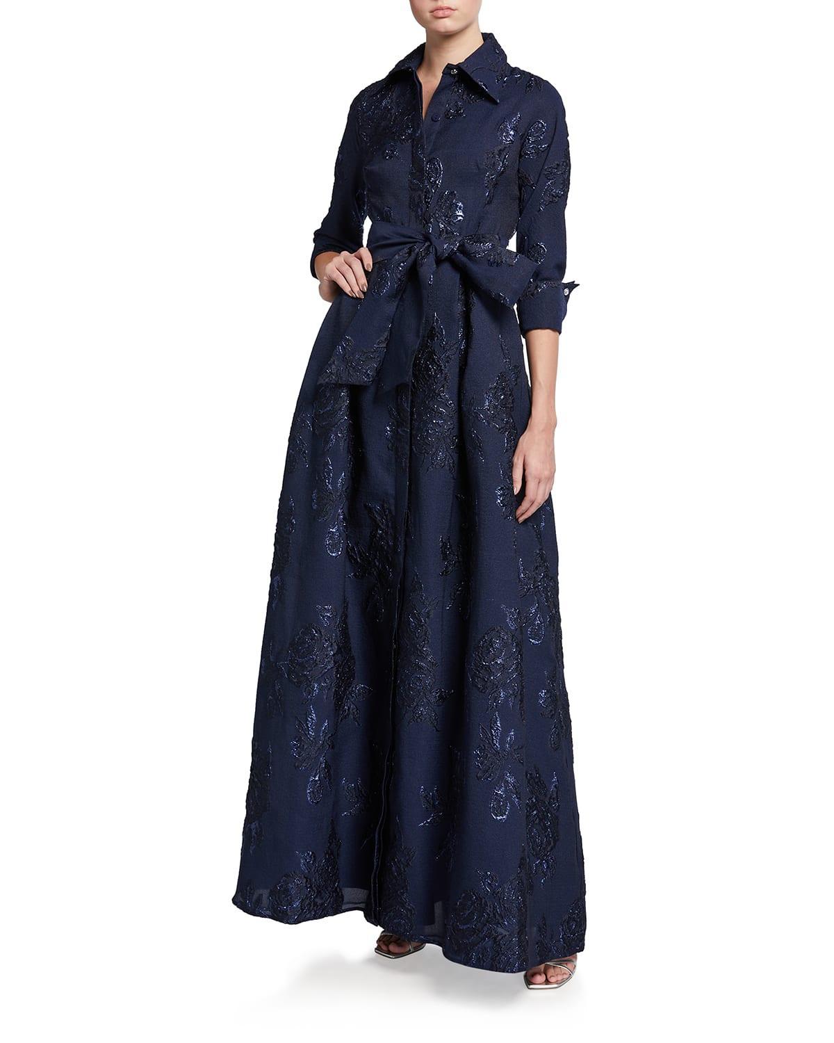 Womens Three-Quarter Sleeve Metallic Jacquard Shirt Waist Gown Product Image