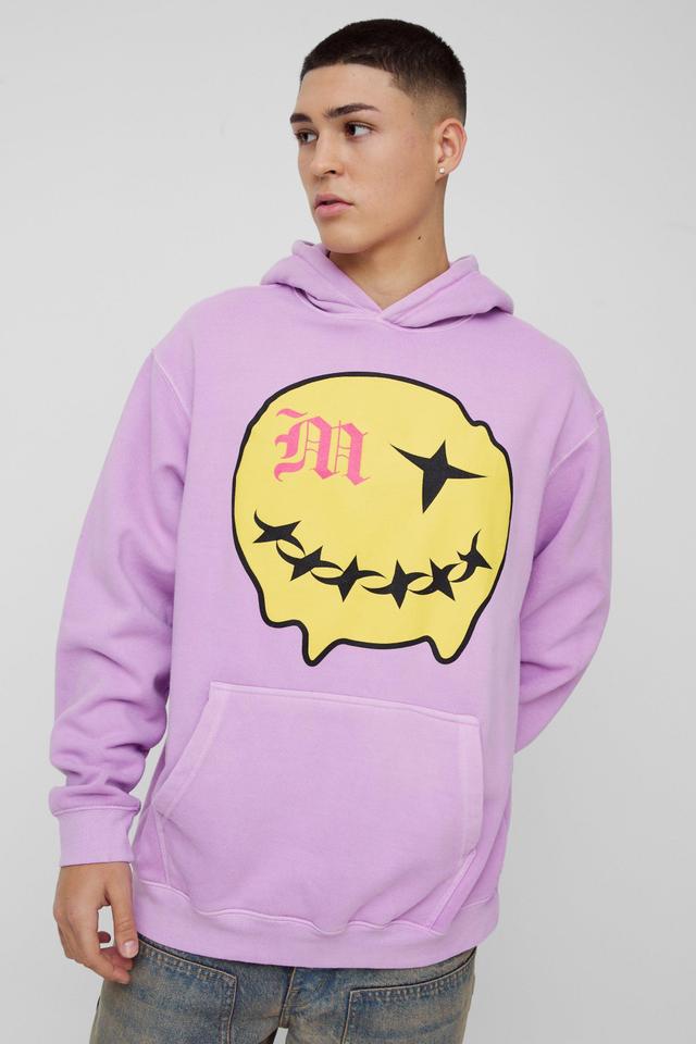 Oversized Puff Print Smiley Graphic Washed Hoodie | boohooMAN USA Product Image